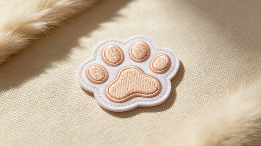 Single pet themed 3D raised embroidery patch laid on light beige washed canvas, fluffy foam embroidery texture visible.