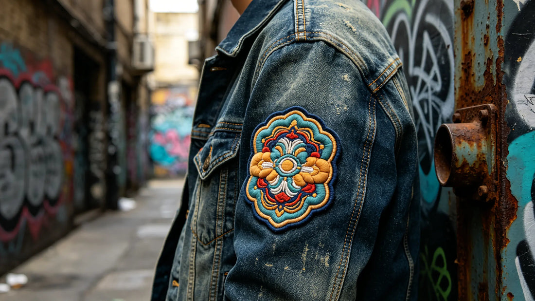 Textured 3D puff embroidery patch on denim jacket for edgy casual style