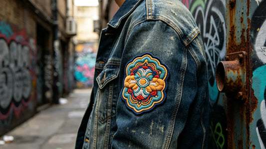 Textured 3D puff embroidery patch on denim jacket for edgy casual style