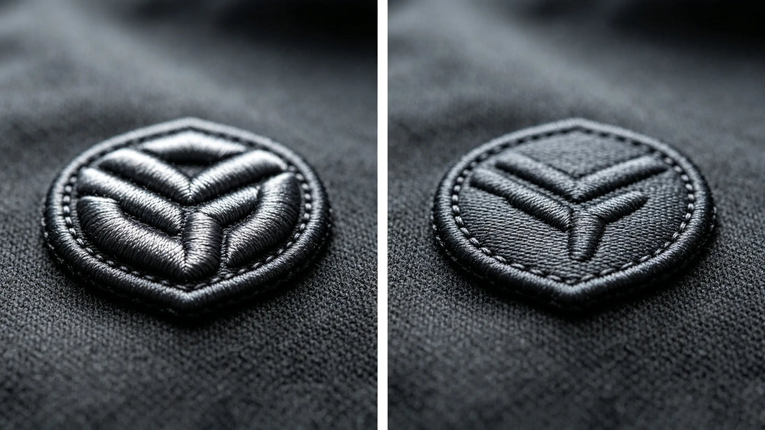 Side-by-side texture comparison showing raised 3D puff embroidery and flat stitched patch surface