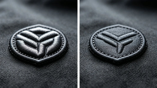 Side-by-side texture comparison showing raised 3D puff embroidery and flat stitched patch surface