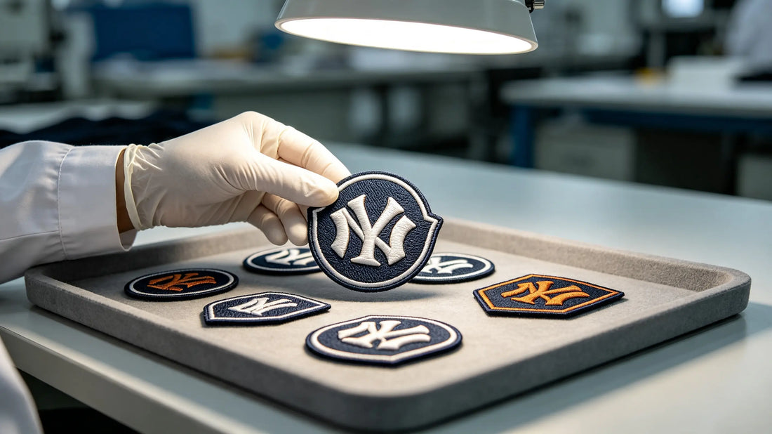 Factory worker performing full QC inspection on pure 3D embroidered patches