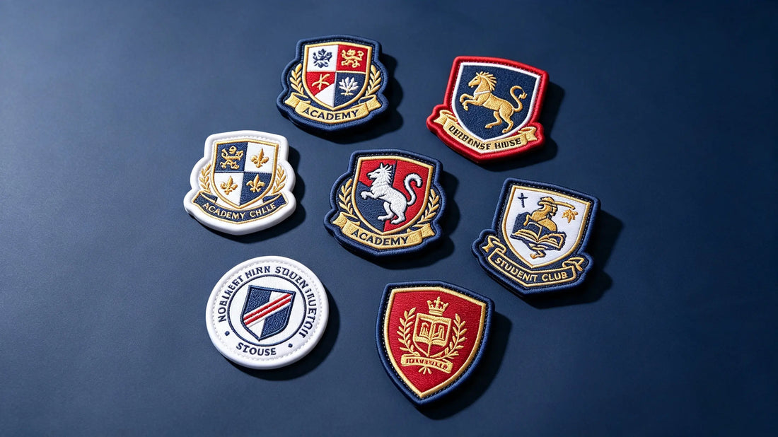 Collection of school and campus student 3D stereo embroidered badges, featuring academy shield crest, sports mascot, house badge and student club logo designs with genuine foam raised embroidery texture.