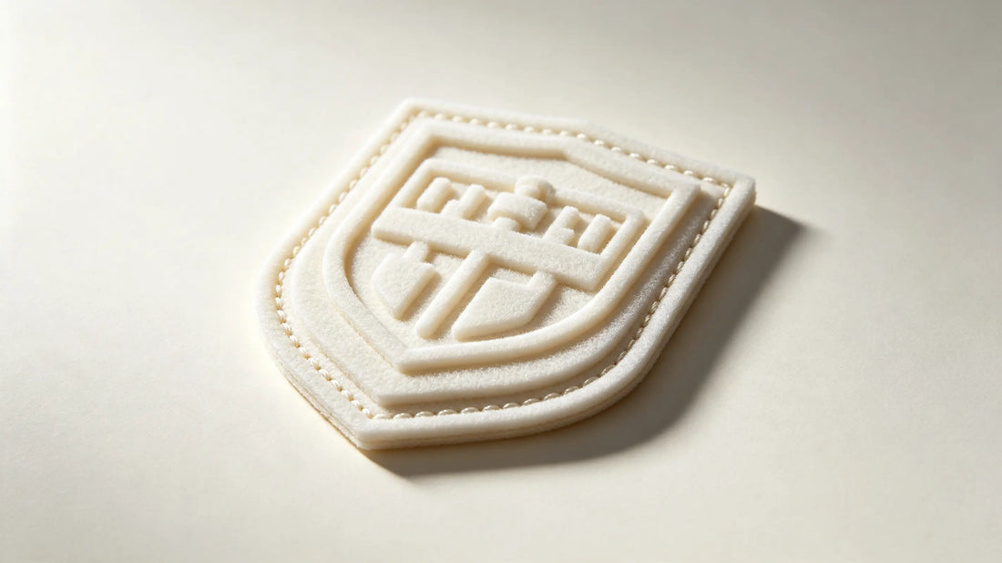 Single school uniform 3D raised foam embroidered patch, sculpted school crest graphic, clean off-white studio background.