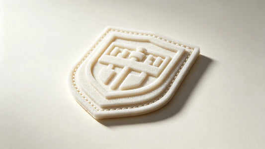 Single school uniform 3D raised foam embroidered patch, sculpted school crest graphic, clean off-white studio background.