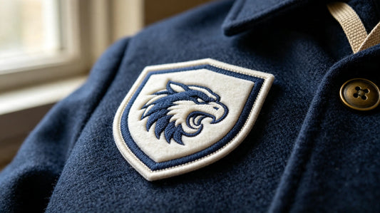 Single custom shield mascot 3D raised embroidery patch for school sports teams, foam embroidery texture laid on vintage varsity wool fabric.