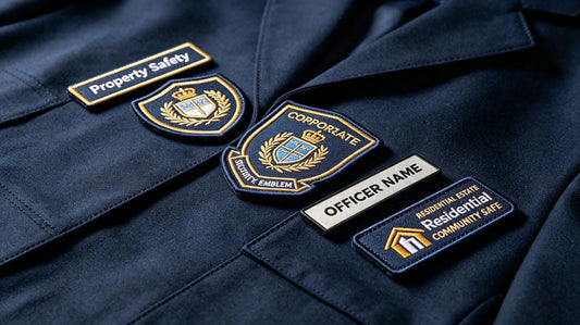 Collection of property and commercial site safety team 3D stereo embroidered badges, featuring corporate shield emblem, staff name tag, property logo designs with genuine foam raised embroidery texture.