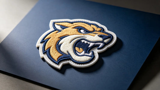 3D puff embroidered sports mascot patch with sculpted raised foam logo, flat lay on matte navy background, studio product shot.