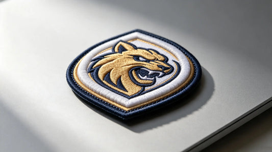 Single sports team 3D raised foam embroidered patch, sculpted mascot crest graphic, clean light grey studio background.