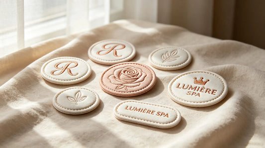 Collection of beauty salon and spa 3D stereo embroidered badges, featuring genuine foam raised embroidery, dense polyester stitching, elegant monogram, rose motif and minimalist leaf designs for premium beauty branding