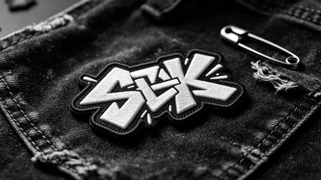 Single graffiti-style 3D raised embroidery patch for streetwear brands, foam embroidery texture laid on vintage black washed denim fabric.