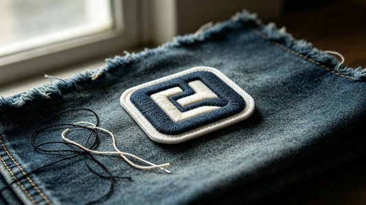 Single streetwear brand 3D raised embroidery patch laid on vintage washed denim fabric, sculpted foam embroidery texture visible.