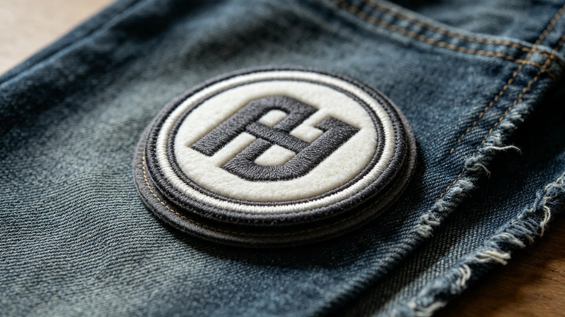 Collection of custom 3D Embroidered Patches laid on black denim fabric, obvious foam raised embroidery texture