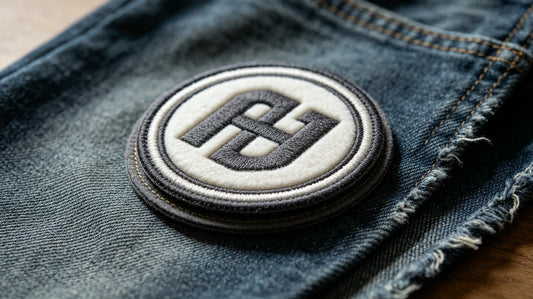 Collection of custom 3D Embroidered Patches laid on black denim fabric, obvious foam raised embroidery texture