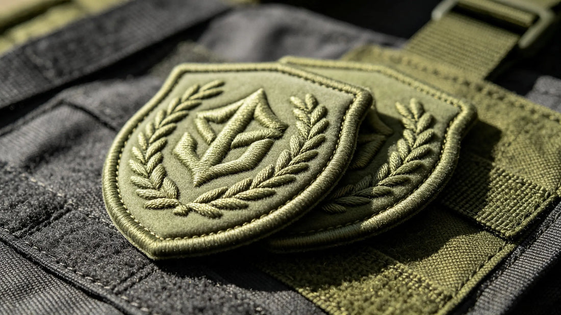 Collection of custom 3D Embroidered Patches arranged on tactical vest fabric, clear raised foam embroidery texture