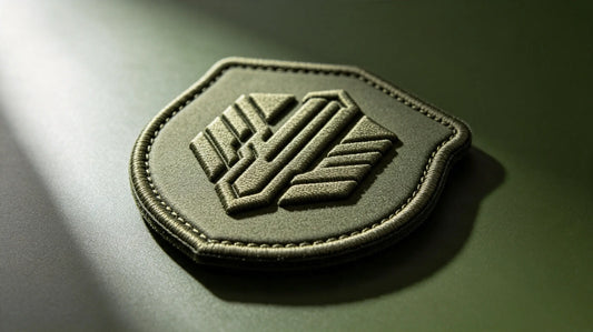 Single tactical morale 3D raised foam embroidered patch, sculpted unit crest graphic, matte ranger green studio background.