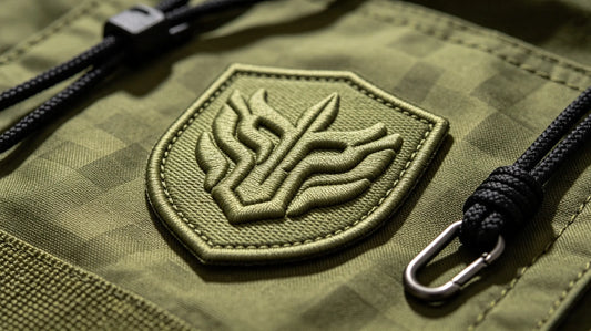 Single custom shield-shaped 3D raised embroidery tactical patch, foam embroidery texture laid on olive ripstop tactical fabric.