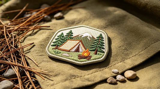 Single youth camp 3D raised embroidery patch laid on khaki canvas fabric, dimensional foam embroidery texture clearly displayed.