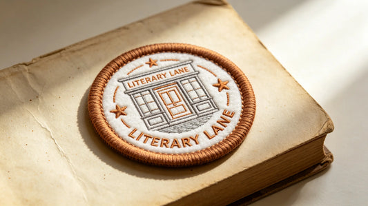 Close‑up flat lay of custom bookstore 3D embroidered patch resting on aged vintage book pages, soft warm natural light