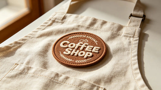 Close‑up shot of textured 3D embroidered coffee brand patch resting on linen café apron surface, soft natural daylight, shallow depth of field