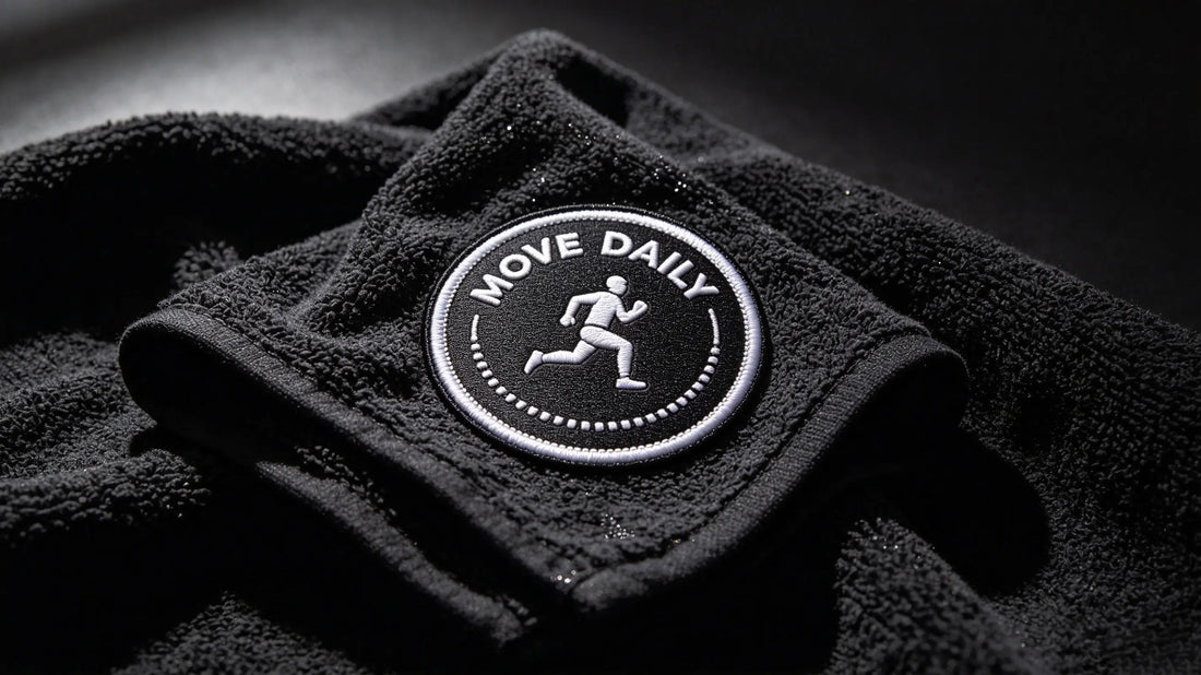 Close‑up of custom fitness studio 3D embroidered patch placed on black gym towel with subtle sweat texture