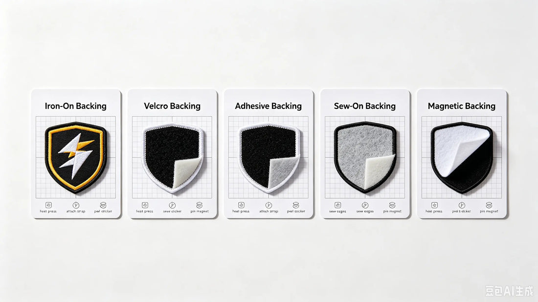 Complete visual comparison of all custom patch backing options including sew-on, iron-on, hook-loop, sticker and plastic backing