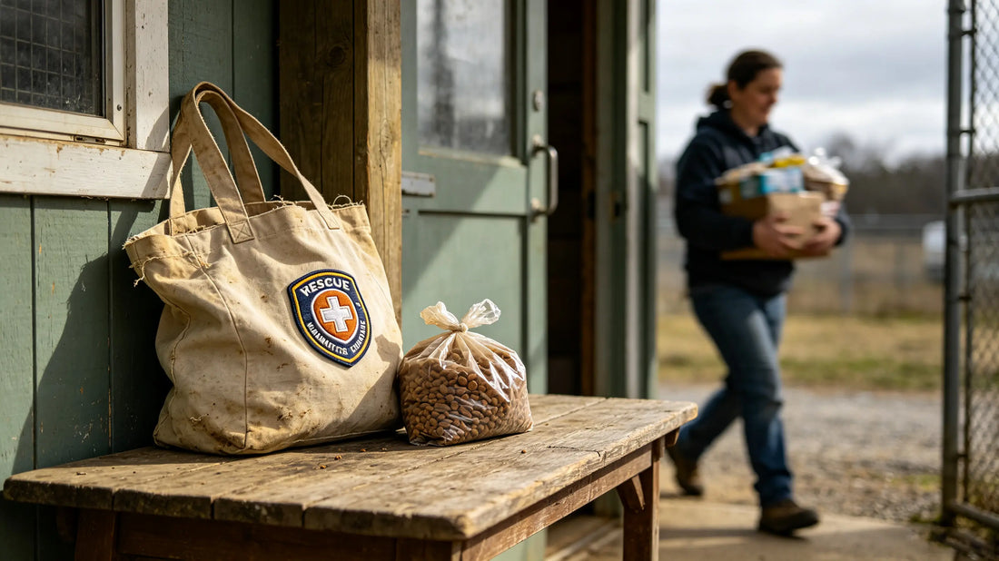 Identical 3D embroidered animal rescue patch sewn onto canvas volunteer tote bag resting on weathered wooden shelter porch floor