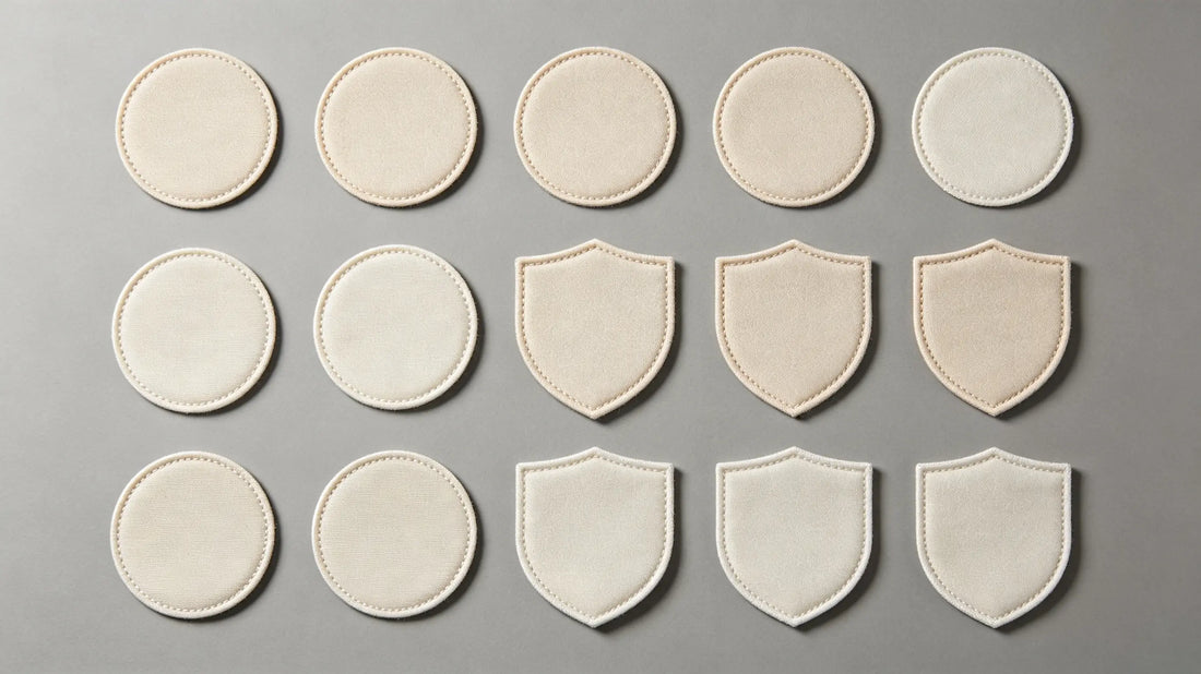Multi-shape blank embroidered, woven and PVC plain patches bulk stock arrangement
