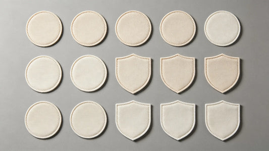 Multi-shape blank embroidered, woven and PVC plain patches bulk stock arrangement