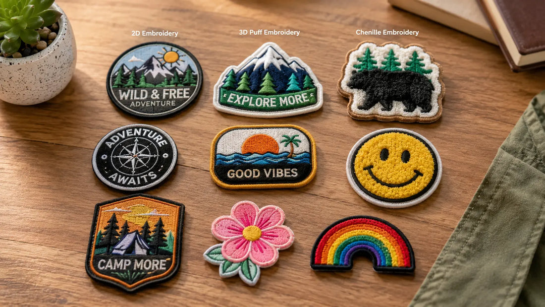 Assorted custom embroidered patches in 2D, 3D puff and chenille styles