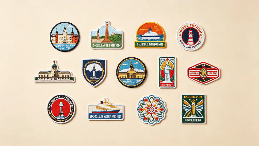 Mixed travel, festival and tournament themed commemorative patch assortment flat layout