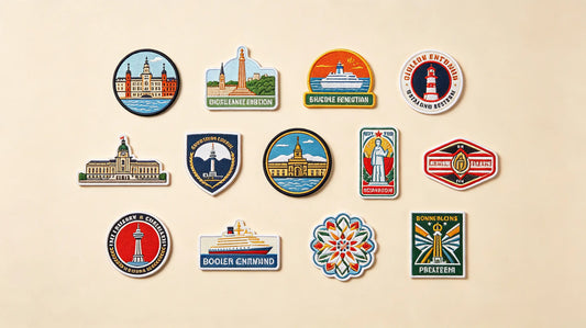 Mixed travel, festival and tournament themed commemorative patch assortment flat layout