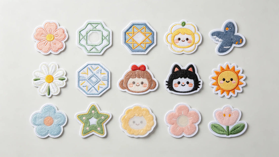 Multiple embroidered, PVC and woven iron-on patches with adhesive backing