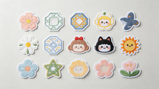 Multiple embroidered, PVC and woven iron-on patches with adhesive backing