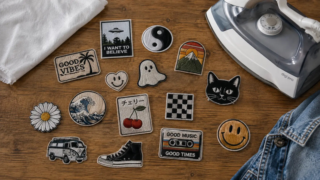 Assorted custom iron on patches flat lay with DIY tools