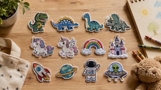 Assorted custom cute kids patches with cartoon themes flat lay