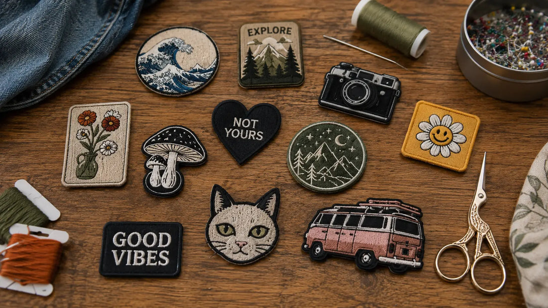 Assorted custom sew on patches with sewing tools flat lay