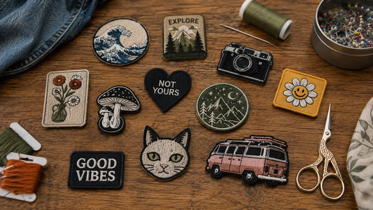 Assorted custom sew on patches with sewing tools flat lay