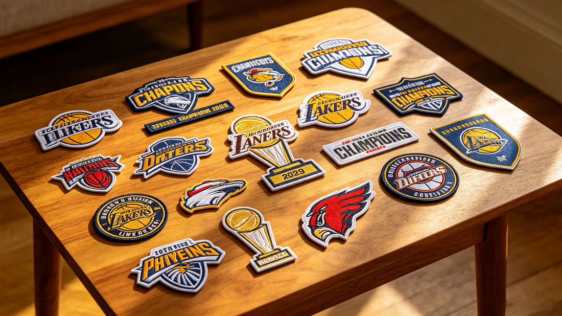 Assorted custom sports team and championship embroidered patches flat lay