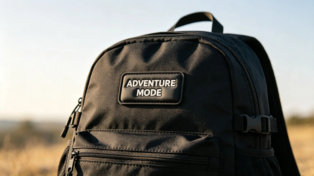 3D puff embroidery custom logo patch on front panel of casual outdoor backpack, natural daylight scene.