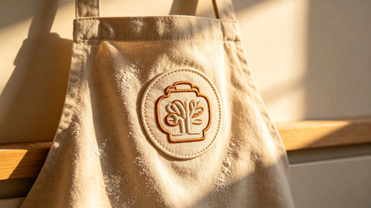 Close‑up of custom bakery 3D embroidered patch sewn onto warm linen apron, with soft flour dusting nearby