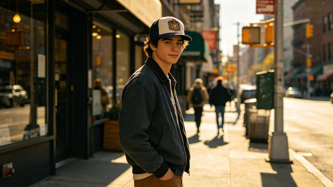 Baseball cap with custom vintage emblem patch on front for daily street style