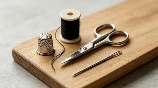 Essential sewing tools including needle, thread and scissors for attaching sew-on patches