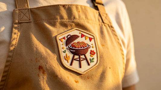 Close‑up of American holiday BBQ custom 3D embroidered patch sewn onto heavy canvas apron, festive outdoor natural light