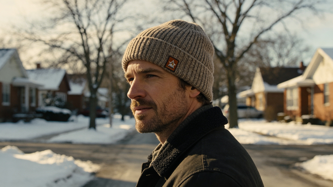 Knitted beanie decorated with small custom embroidered patch for winter wear