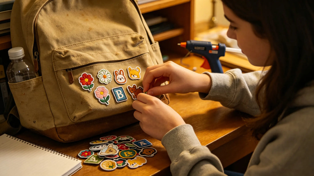 Student arranging small custom embroidered patches on backpack for DIY