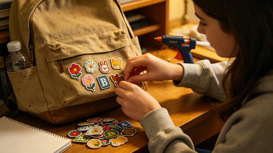 Student arranging small custom embroidered patches on backpack for DIY