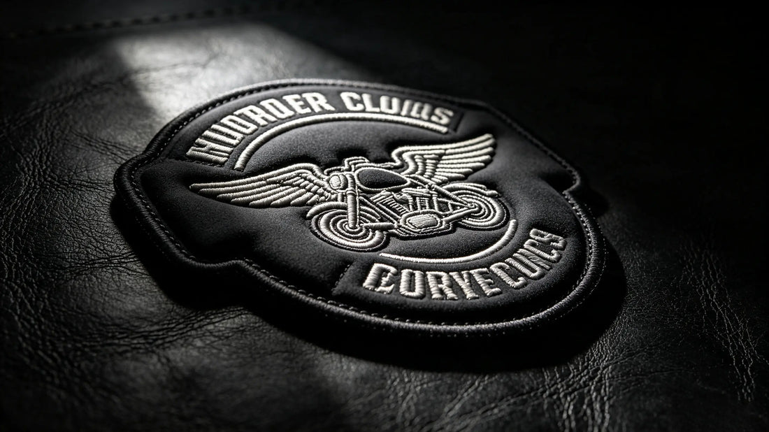 Low-angle dark studio shot of thick 3D raised embroidered motorcycle club crest patch, dramatic side lighting highlighting pronounced sculpted foam relief and layered stitching texture.