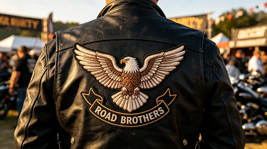3D puff embroidery center emblem patch sewn on the back of black leather biker vest, outdoor rally natural lighting.