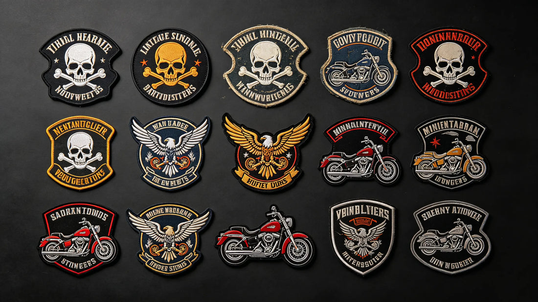 Collection of classic motorcycle and biker themed patches in various styles